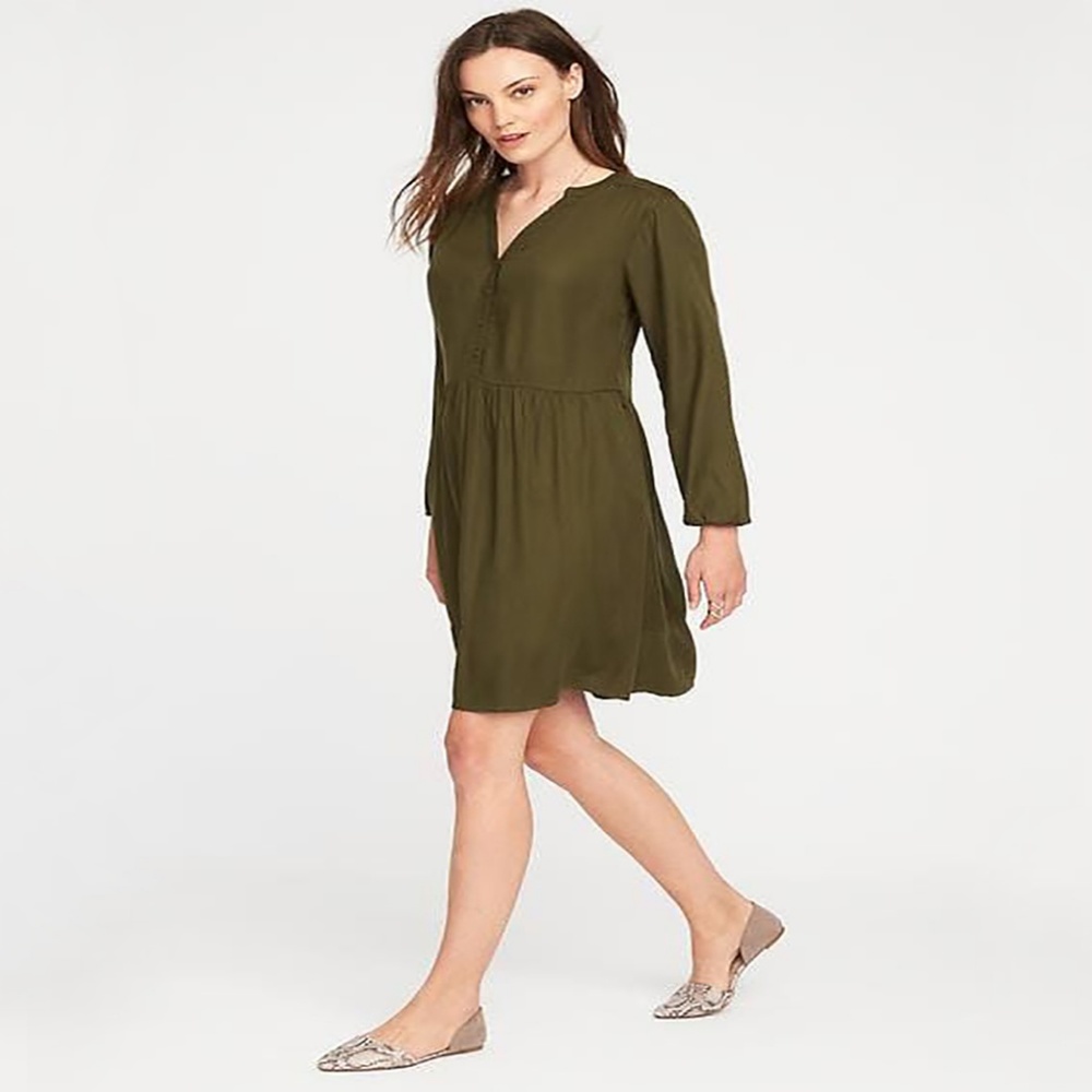 Khaki Green Henley Swing Dress Size Large EUC